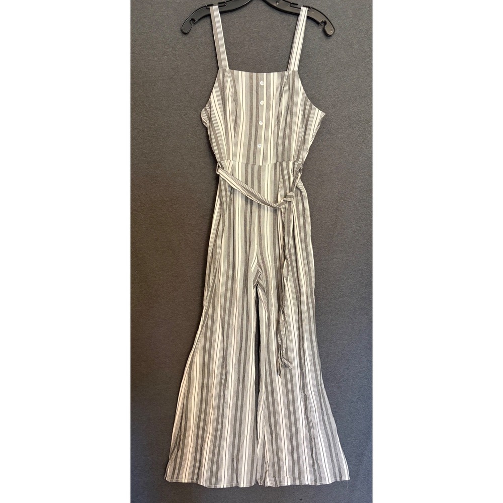 New Savanna Jane Striped Wide Leg Baby Doll Jumpsuit Grey White Small‎ Beach